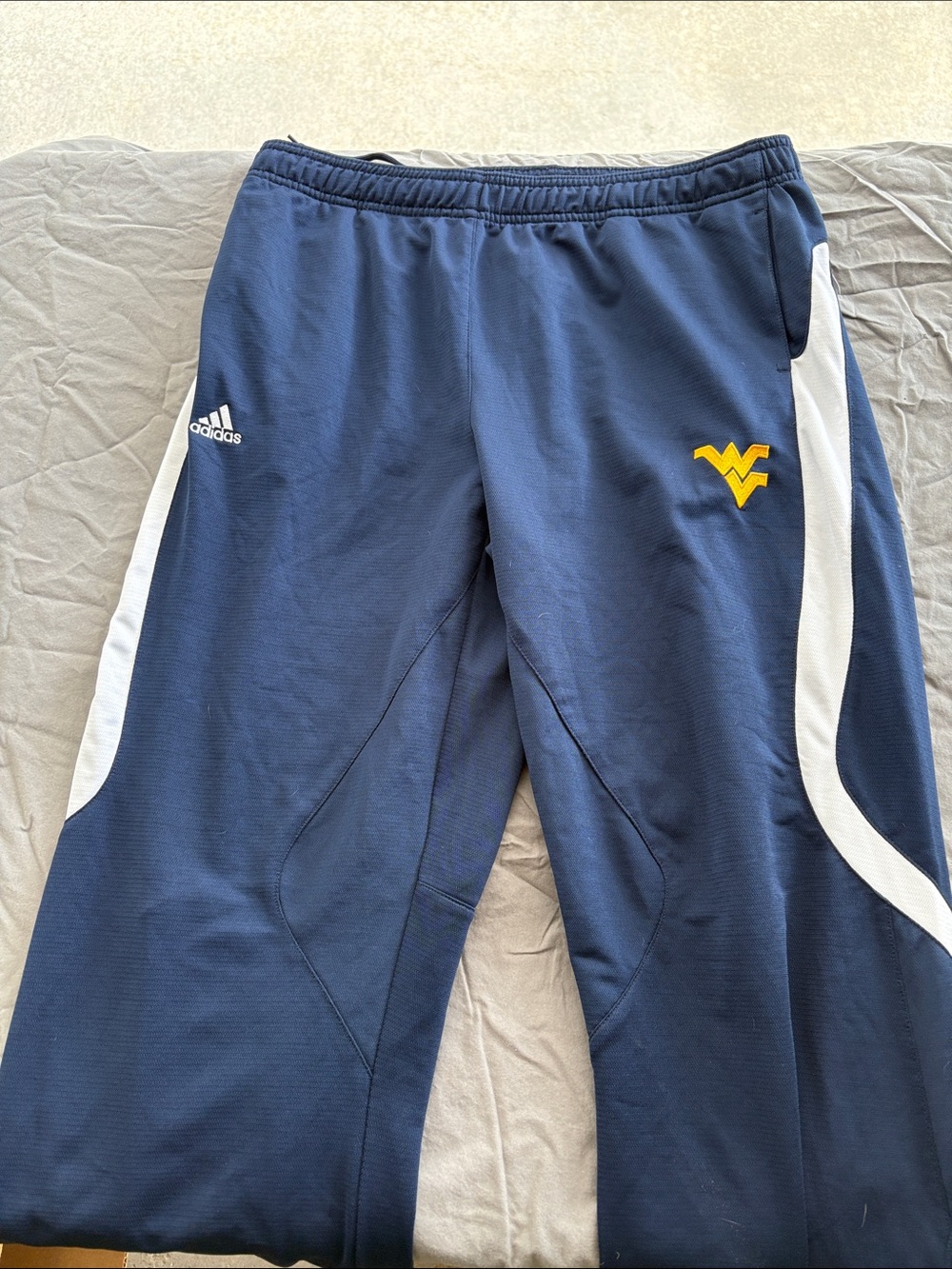 adidas WVU Navy Track Pants with White Side Panels and Yellow Logo